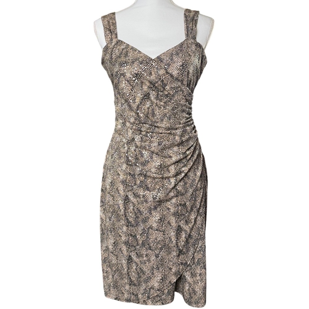 MSK Snake Print Ruched Bodycon Dress Adjustable Straps Stretch Midi